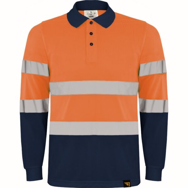 Polo Alta Visibilità Manica Lunga - Blu Navy/Arancione Fluo