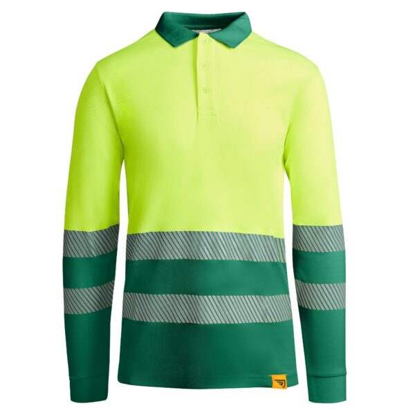 Polo Alta Visibilità Traspirante Manica Lunga - Verde Giardino/Giallo Fluo