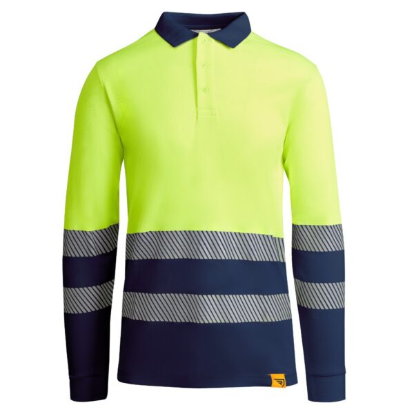 Polo Alta Visibilità Traspirante Manica Lunga - Blu Navy/Giallo Fluo