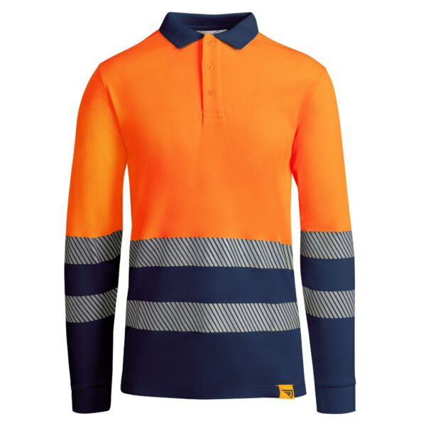 Polo Alta Visibilità Traspirante Manica Lunga - Blu Navy/Arancione Fluo